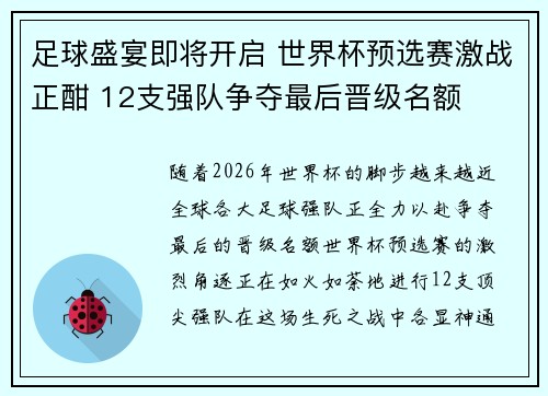 足球盛宴即将开启 世界杯预选赛激战正酣 12支强队争夺最后晋级名额